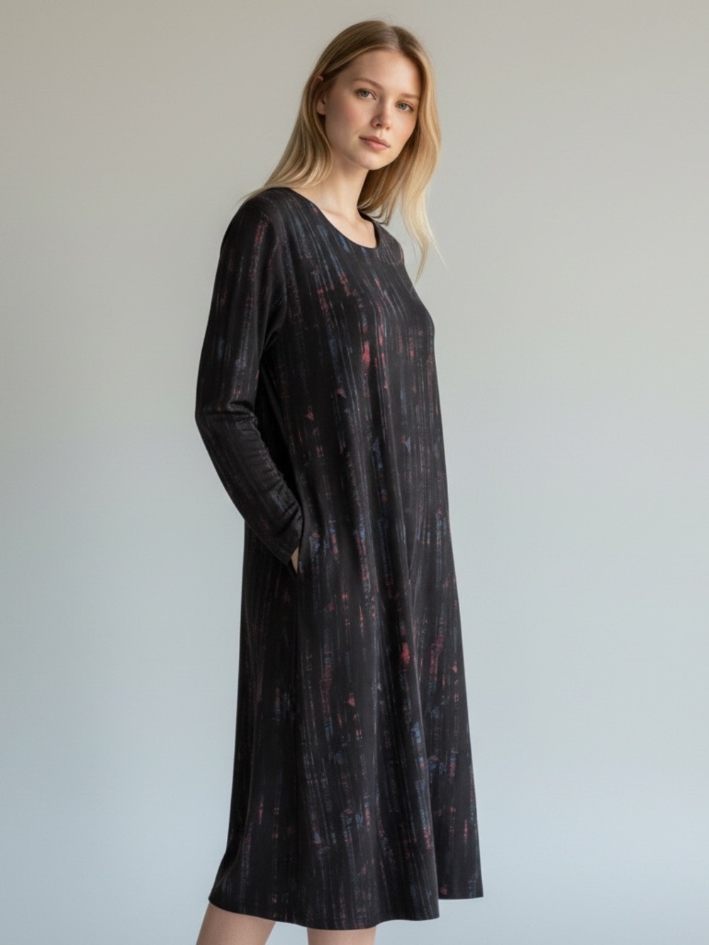 NaNa Ko Black Long-Sleeve Midi Dress with Subtle Pink and Blue Print